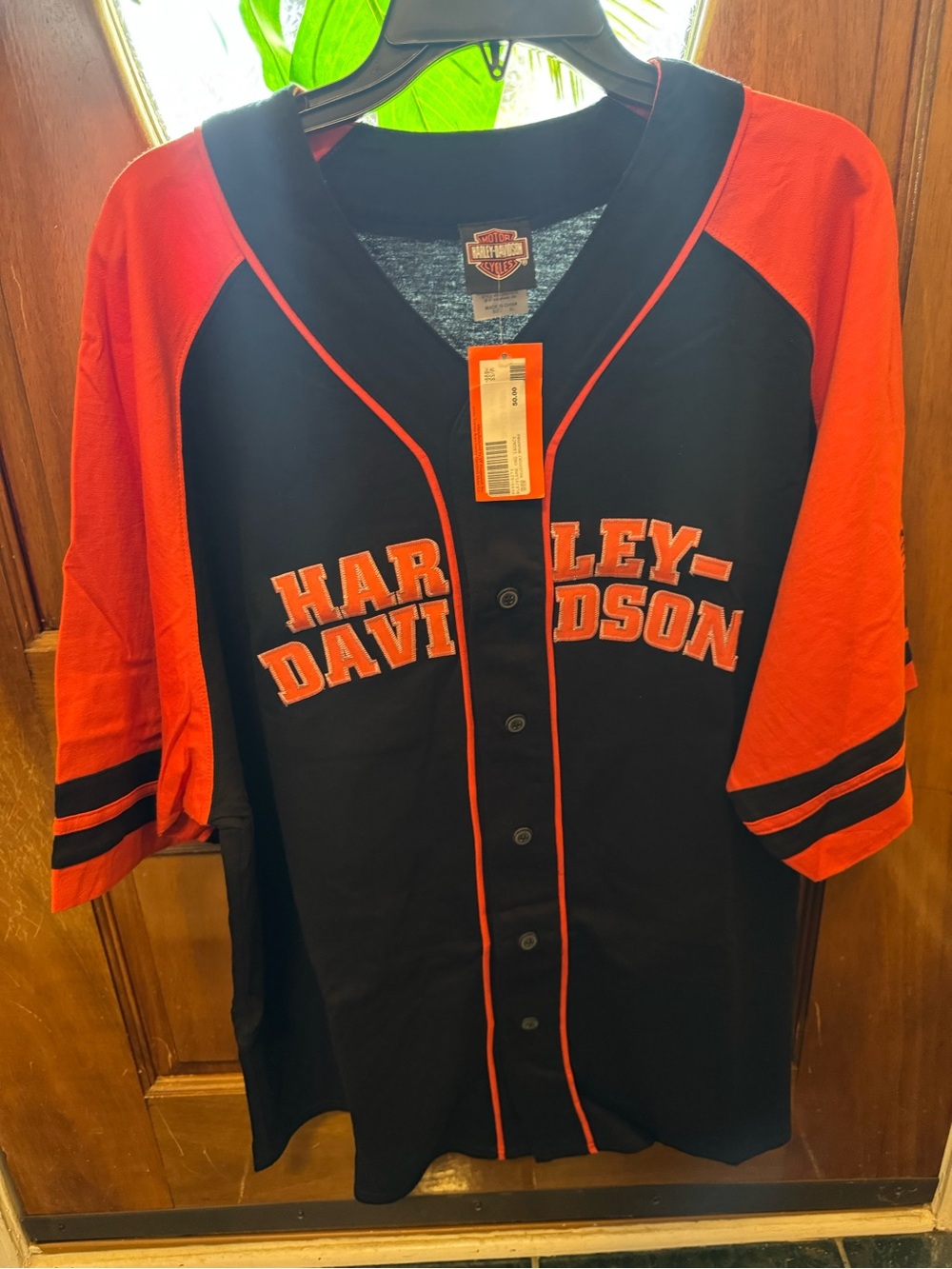 Men’s XL Harley-Davidson Orange and Black Logo Button-Up cotton jersey